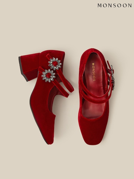 Red - Monsoon Symone Velvet Mary Jane Block Heels