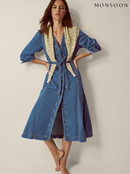 Blue - Monsoon Alison V-neck Denim Midi Dress