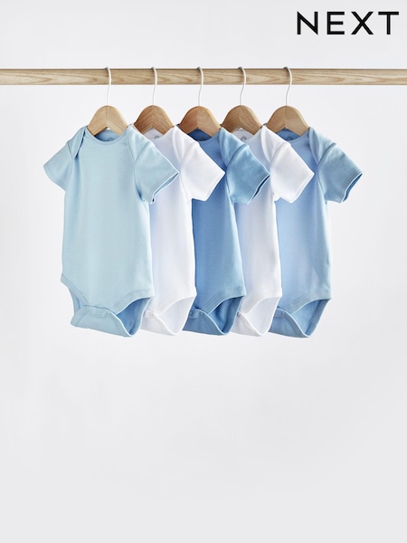 Blue/White 5 Pack Plain Baby Bodysuits (563773) | £10 - £12