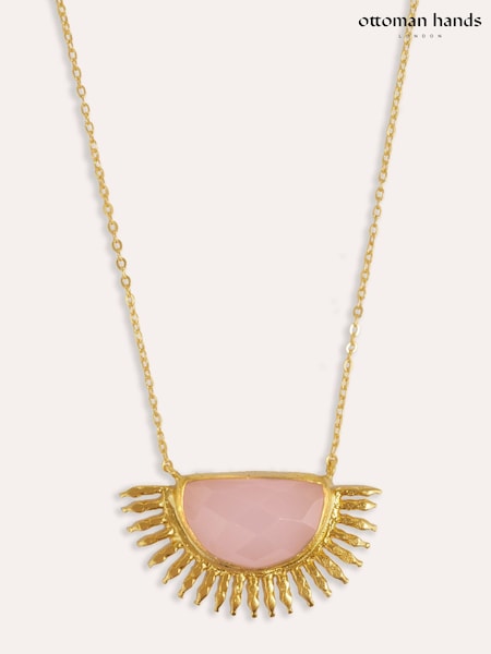 Gold Tone - Ottoman Hands Sunrise Rose Quartz Pendant Necklace