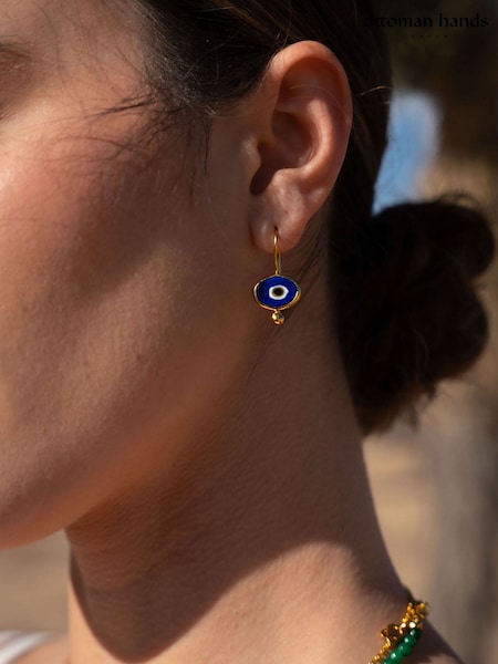 Gold Tone - Ottoman Hands Alara Navy Evil Eye Drop Earrings