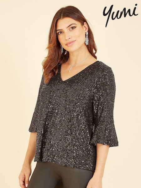 Yumi Black Sequin Top With Fluted Sleeve (564188) | £45