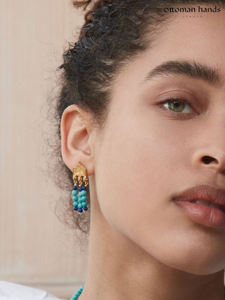 Gold Tone - Ottoman Hands Riva Turquoise And Lapis Bead Drop Earrings