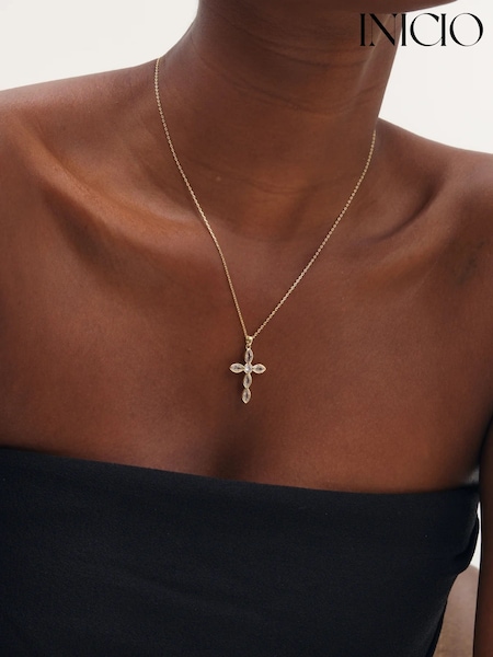 Gold Tone - Inicio Bezel Cross Necklace