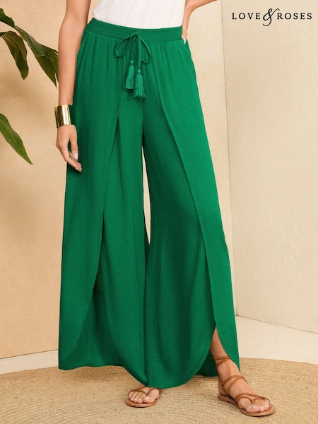 Love & Roses Green Split Detail Beach Tie Front Trousers (565657) | £30