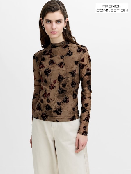 Black - French Connection Tia Rose Mesh Velvet Burnout Top