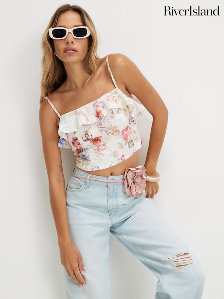 Cream - River Island Floral Print Frill Crop Top