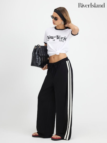 Black - River Island Premium Tape Wide Leg Joggers