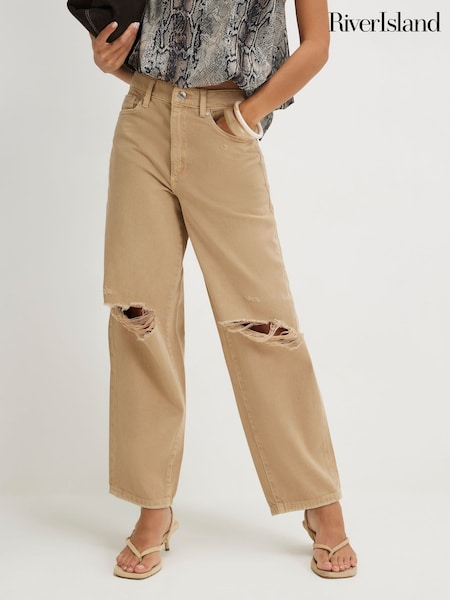 Brown - River Island Ripped Barrel Leg Jeans