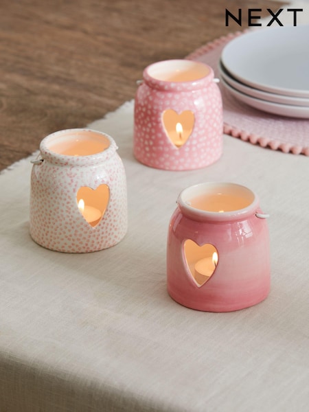 Set of 3 Pink Ceramic Heart Cut-Out Tea Light Candle Lanterns (570537) | £18