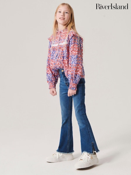 River Island Dark Blue Girls Wash Ripped Flare 100% Cotton Jeans (572777) | £20 - £28