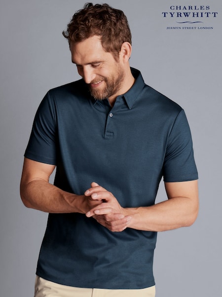 Charles Tyrwhitt Blue 100% Cotton Plain Short Sleeve Jersey Polo Shirt (572808) | £60