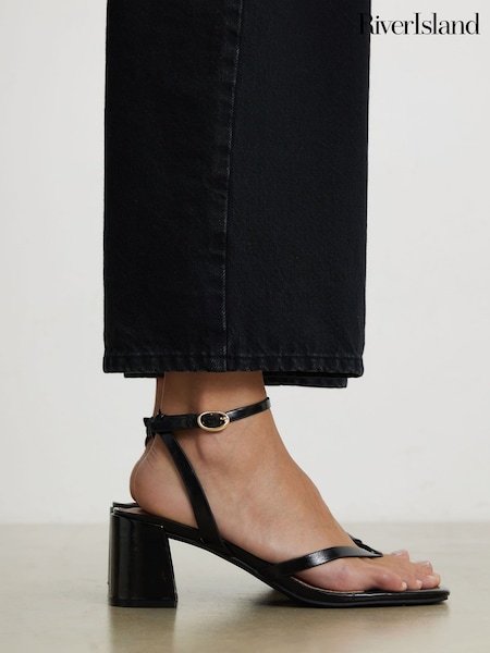 Black - River Island Block Heel Toe Thong Sandals