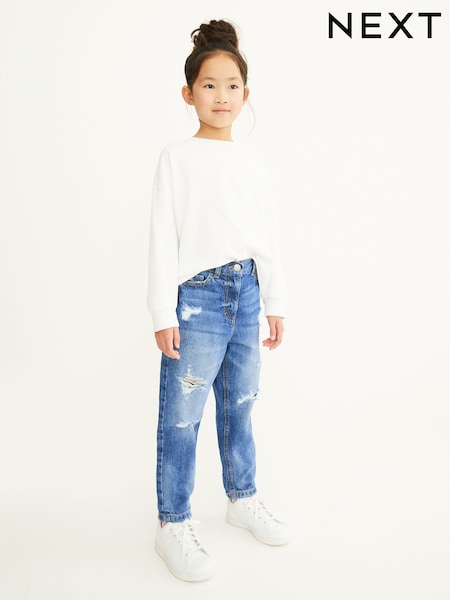 Mid Blue Denim Distressed Mom 100% Cotton Jeans (3-16yrs) (577478) | £17 - £22