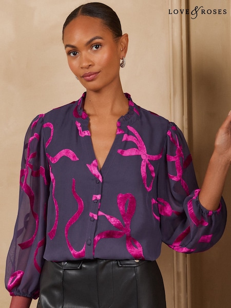 Purple - Love & Roses Burnout 3/4 Sleeve Blouse