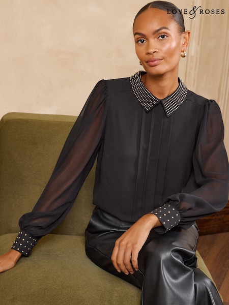 Black - Love & Roses Hardware Collar Long Sleeve Blouse