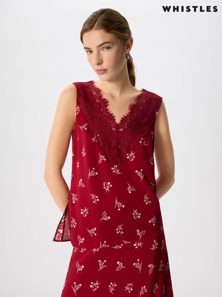 Red - Whistles Floral Lace Trim Top