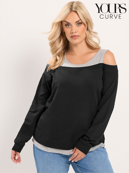 Black - Yours Curve 2 In 1 Bardot Ribbed Trim Top