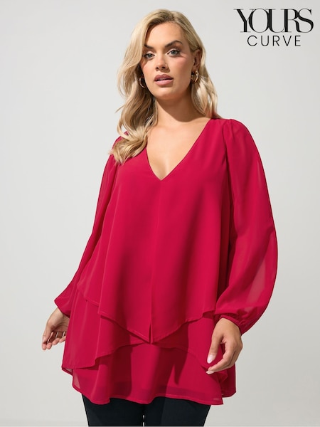 Red - Yours Curve Layered V-neck Long Sleeve Blouse