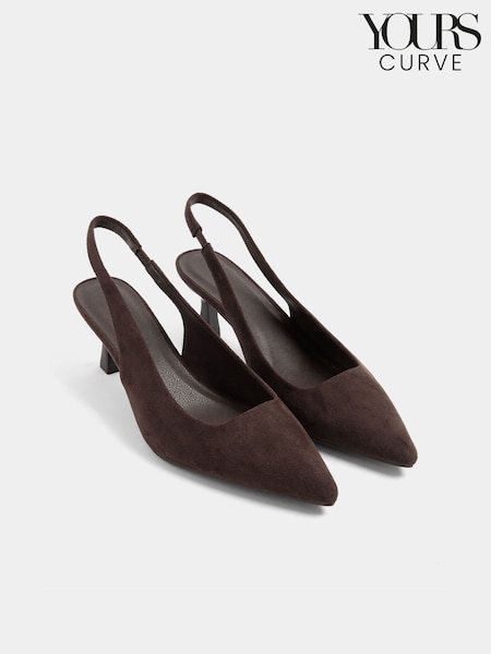 Brown - Yours Curve Faux Suede Sling Back Heels In Wide E Fit