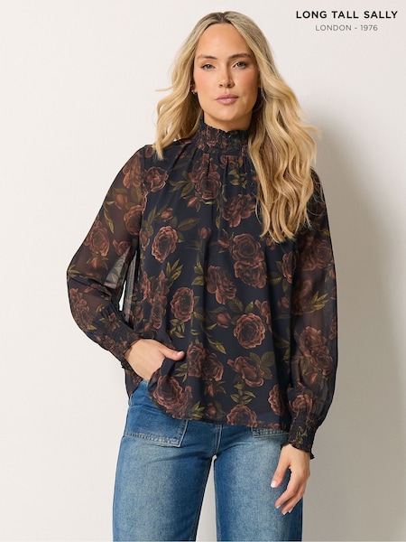 Black - Long Tall Sally Floral Shirred High Neck Blouse