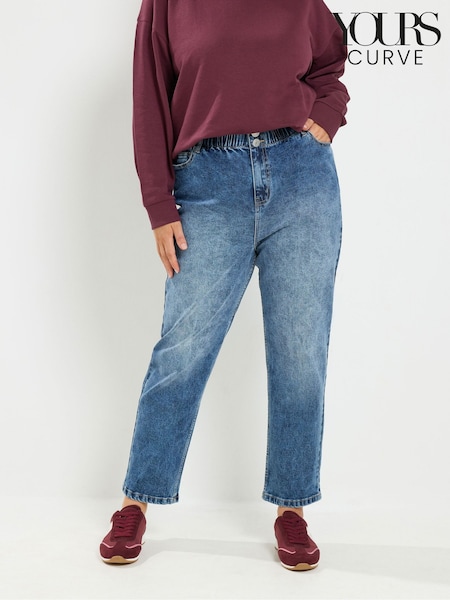 Blue - Yours Curve Elasticated Waist Boyfriend Jeans