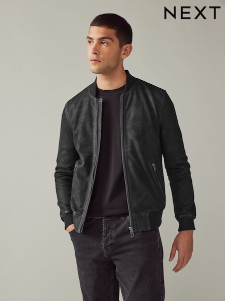 Black Nubuck Leather Bomber Jacket (580956) | £165
