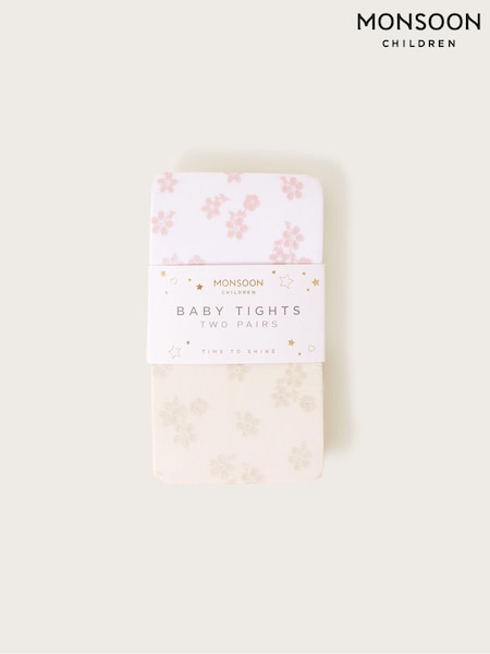 Monsoon White Floral Print Baby Tights 2 Pack (581322) | £14