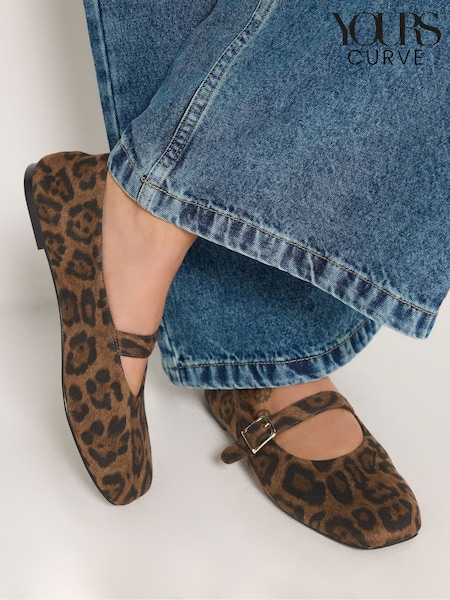Brown Leopard Print - Yours Curve Buckle Detail Mary Jane Flats