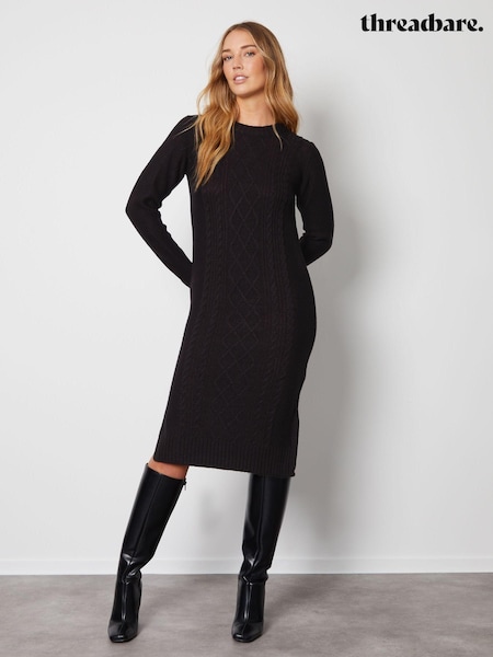 Threadbare Black Cable Knit Midi Jumper Dress (582977) | £32