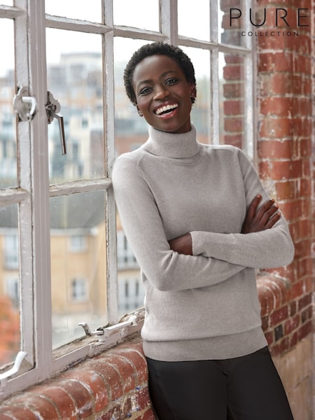 Grey - Pure Collection Cashmere Roll Neck Long Sleeve Jumper