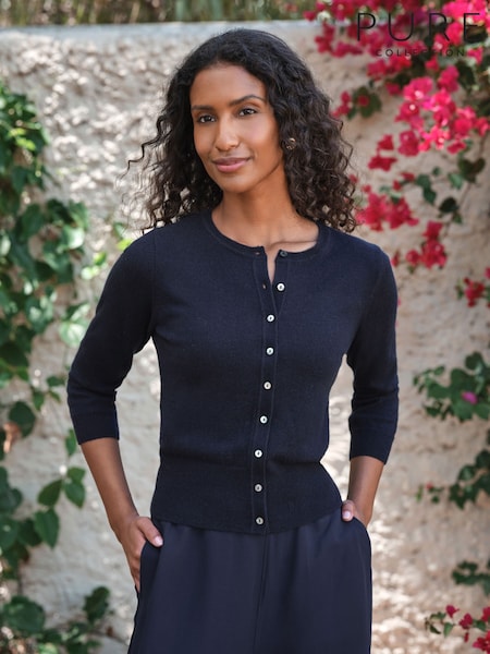 Navy Blue - Pure Collection Cashmere Crop Crew Neck Cardigan