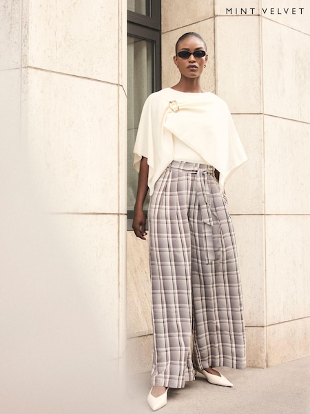 Brown - Mint Velvet Check Belted Wide Leg Trousers