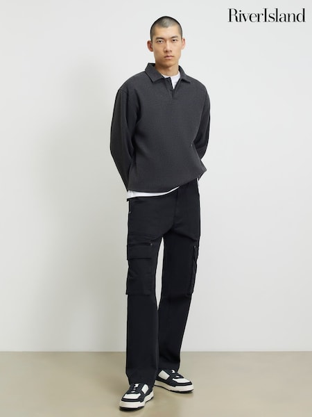 Black - Regular River Island Loose Fit Cargo Trousers