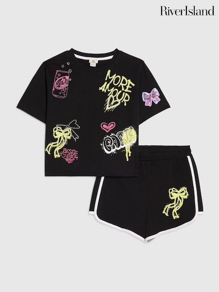 Black - River Island Neon Graffiti Top & Short Set