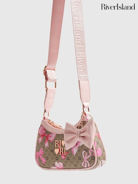 Brown - River Island Bow Monogram Cross-body Bag