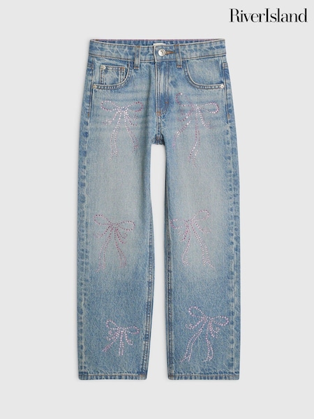 Blue - River Island Bow Hotfix Straight Leg Jeans