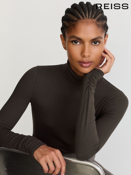 Chocolate Brown - Reiss Ayla Rib-knit Roll-neck Top