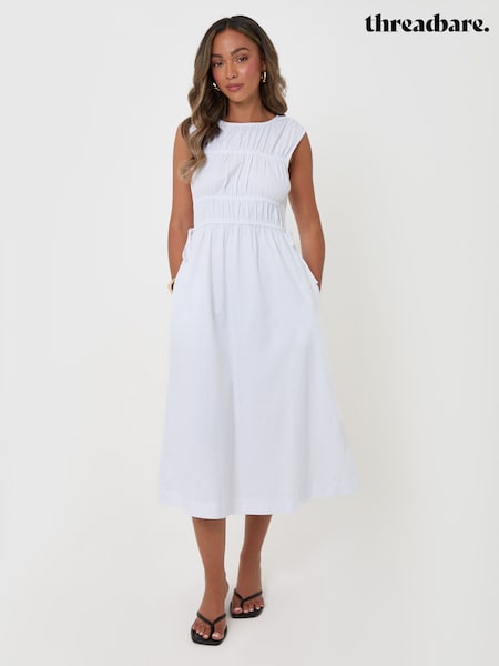 White - Threadbare Shirred Denim Drawstring Waist Midaxi Dress