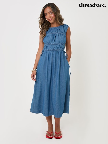 Blue - Threadbare Shirred Denim Drawstring Waist Midaxi Dress