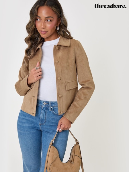 Brown - Threadbare Faux Suede Collared Jacket