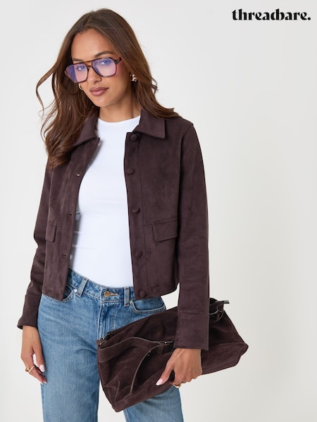 Brown - Threadbare Faux Suede Collared Jacket