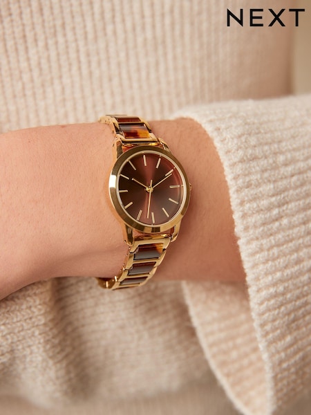 Gold Tone Tort Link Bracelet Watch (589783) | £36