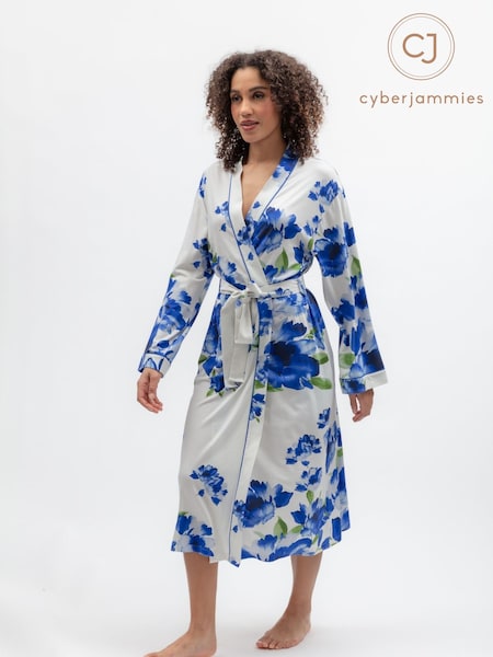 Blue - Cyberjammies Floral Printed Jersey Long Dressing Gown