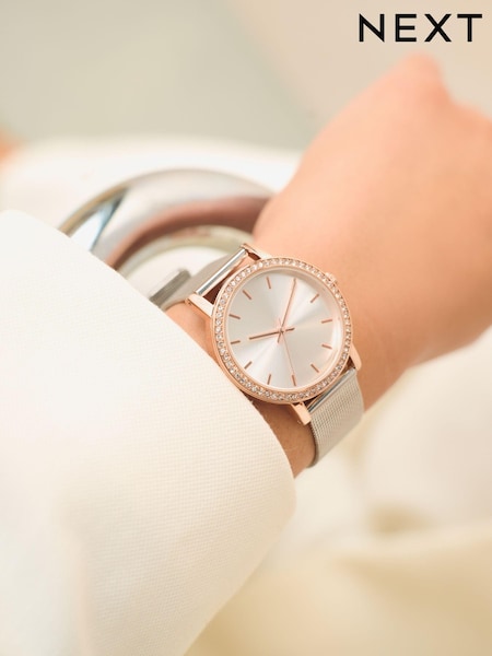 Silver Tone Mixed Metal Sparkle Mesh Watch (589909) | £40