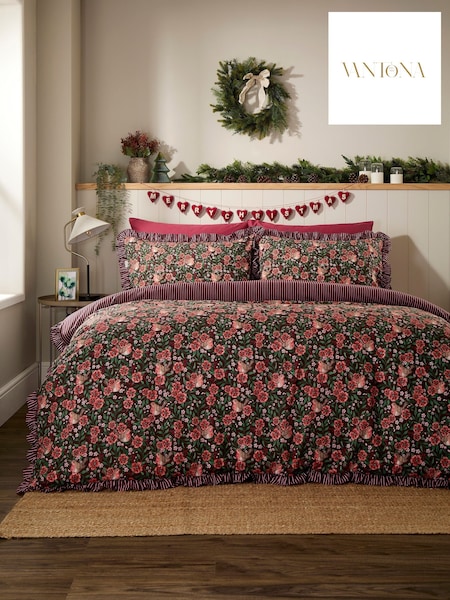Vantona Christmas Robins Frilled Duvet Cover And Pillowcase Set