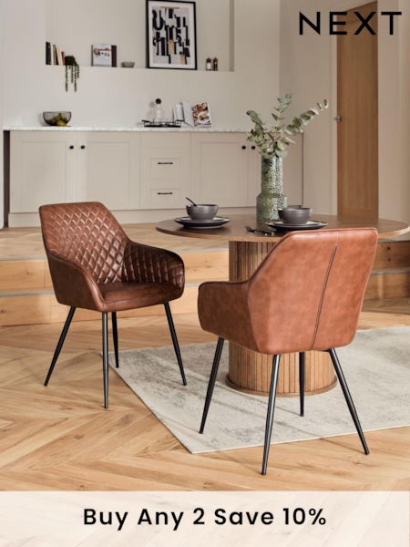 Set of 2 Faux Leather Tan Brown Hamilton Black Leg Quilted Dining Chairs (590563) | £310