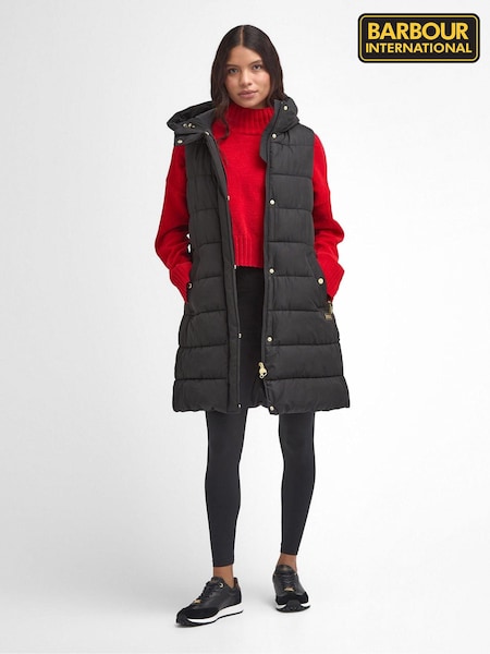 Barbour® International Greyson Long Length Baffle Quilt Black Gilet (590625) | £199