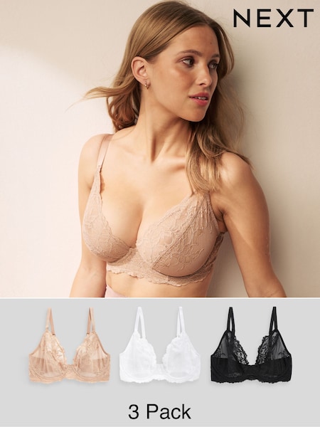 Black/White/Praline Nude Non Pad Plunge DD+ Lace Bras 3 Pack (591515) | £42