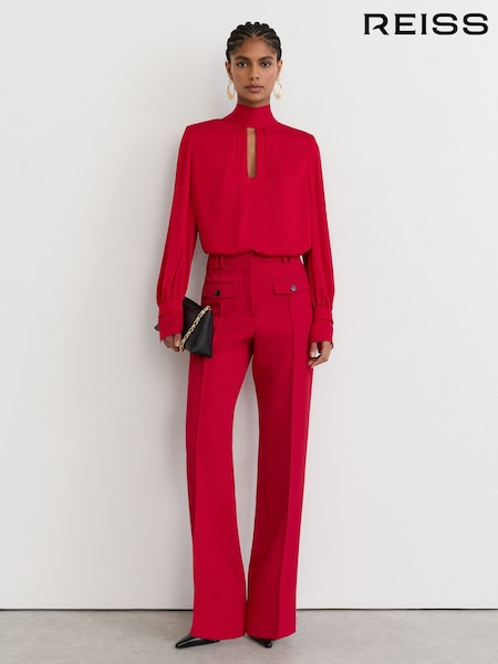 Red - Reiss Kenny High-neck Tie-back Keyhole Blouse